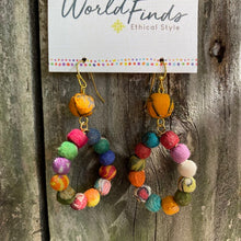 Load image into Gallery viewer, Recycled sari kantha earrings - w bead and tear drop shape