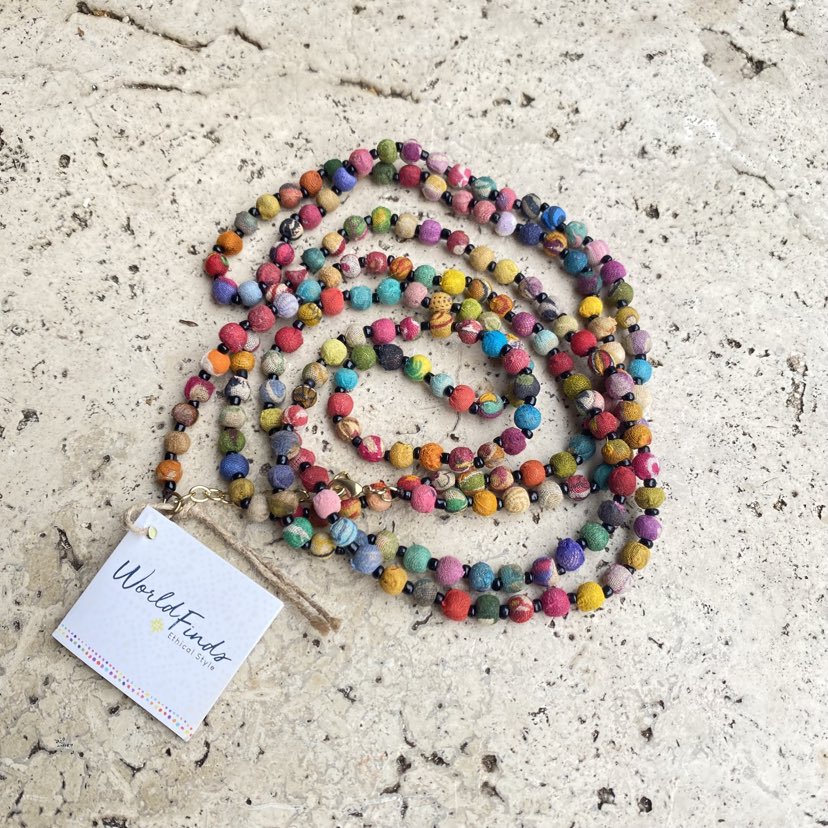 Recycled Kantha Sari Jewellery - beaded necklace - long
