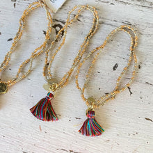 Load image into Gallery viewer, Bracelet - fine metallic beads with coloured tassel