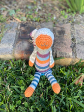 Load image into Gallery viewer, Cotton knitted toys - stripey bunny rattle