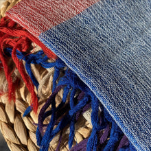 Load image into Gallery viewer, Blue, red and cream 'interweave' wool scarf