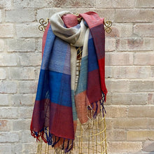 Load image into Gallery viewer, Blue, red and cream 'interweave' wool scarf