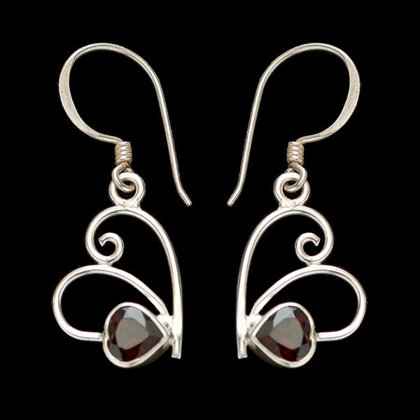 Silver and garnet heart earrings
