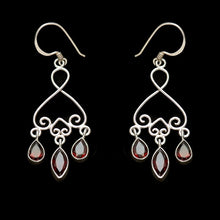 Load image into Gallery viewer, Silver earrings with a trio of garnet rain drops