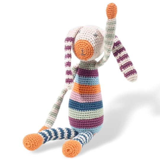 Cotton knitted toys - stripey bunny rattle