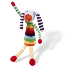 Load image into Gallery viewer, Cotton knitted toys - stripey bunny rattle