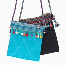 Load image into Gallery viewer, Cotton shoulder bags with &#39;pom pom&#39; trim
