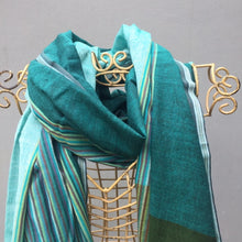 Load image into Gallery viewer, Striped cotton scarf in green tones
