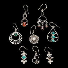 Load image into Gallery viewer, Silver earrings with a trio of garnet rain drops