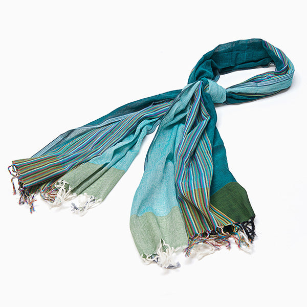 Striped cotton scarf in green tones