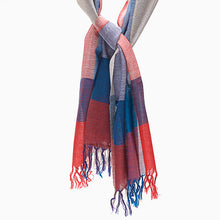 Load image into Gallery viewer, Blue, red and cream 'interweave' wool scarf