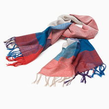 Load image into Gallery viewer, Blue, red and cream 'interweave' wool scarf