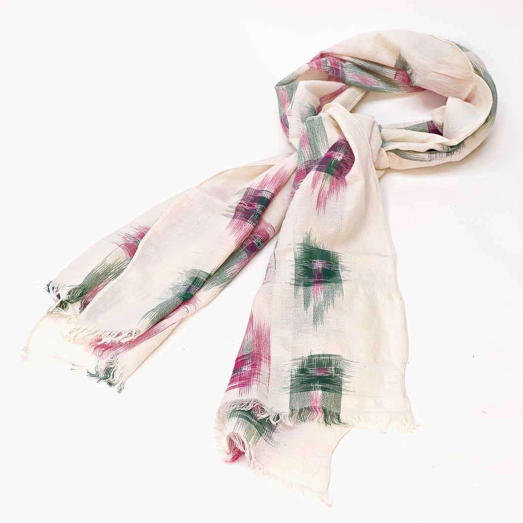 Cream, green and crimson wool and cotton scarf