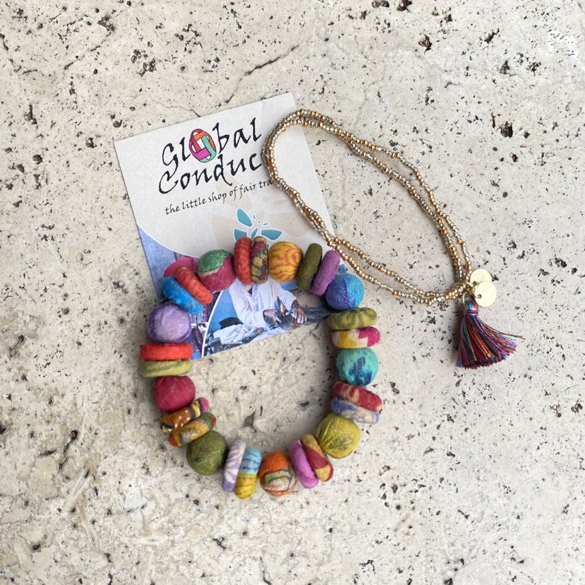 Recycled Kantha sari cotton bracelet - pebble design