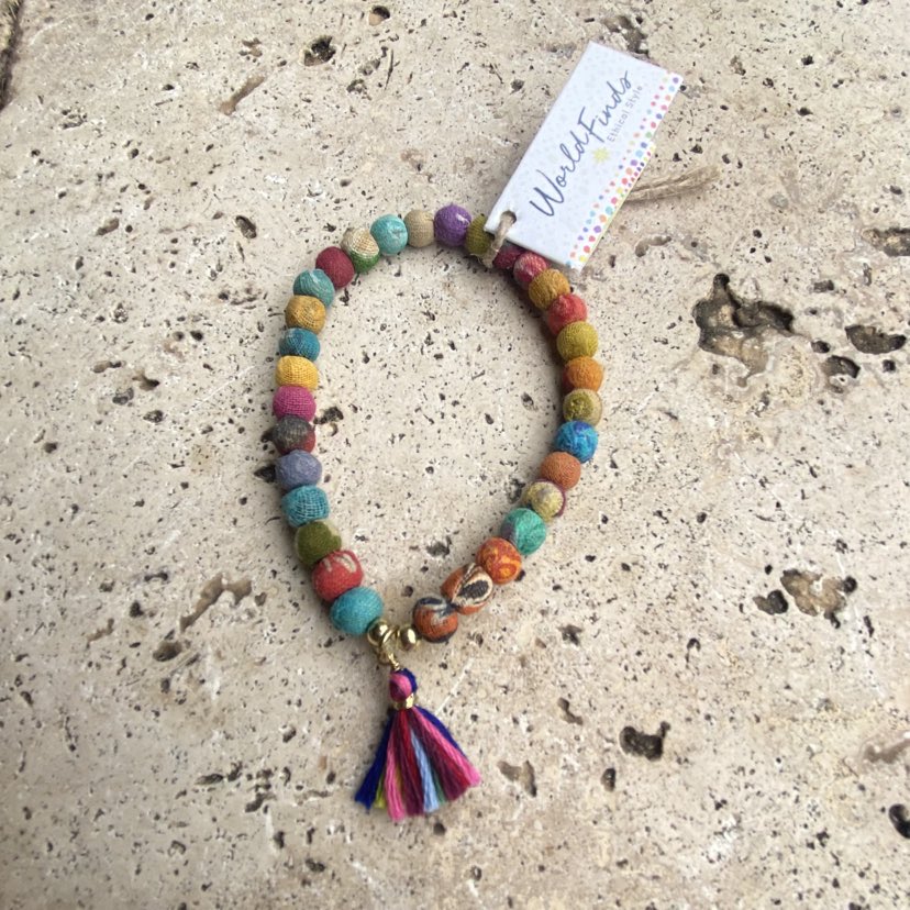Recycled Sari Kantha jewellery - Bracelet w tassel
