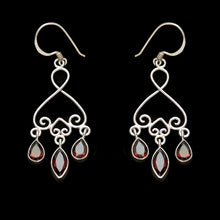 Load image into Gallery viewer, Silver earrings with a trio of garnet rain drops
