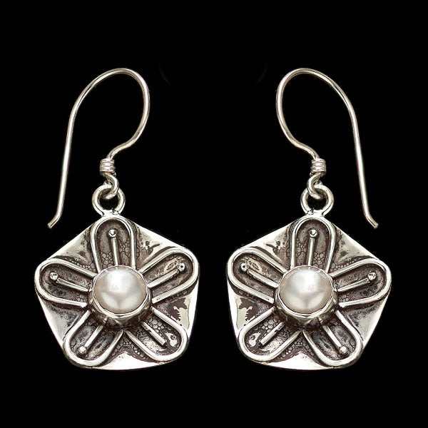 Silver earrings - flower design with pearl