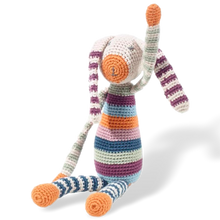 Load image into Gallery viewer, Cotton knitted toys - stripey bunny rattle
