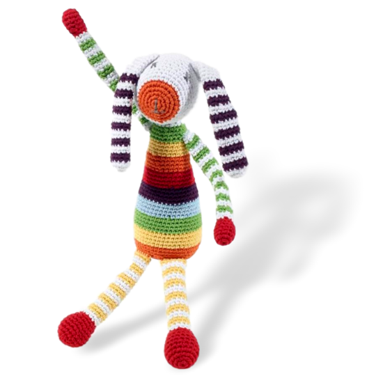 Cotton knitted toys - stripey bunny rattle