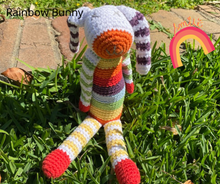 Load image into Gallery viewer, Cotton knitted toys - stripey bunny rattle
