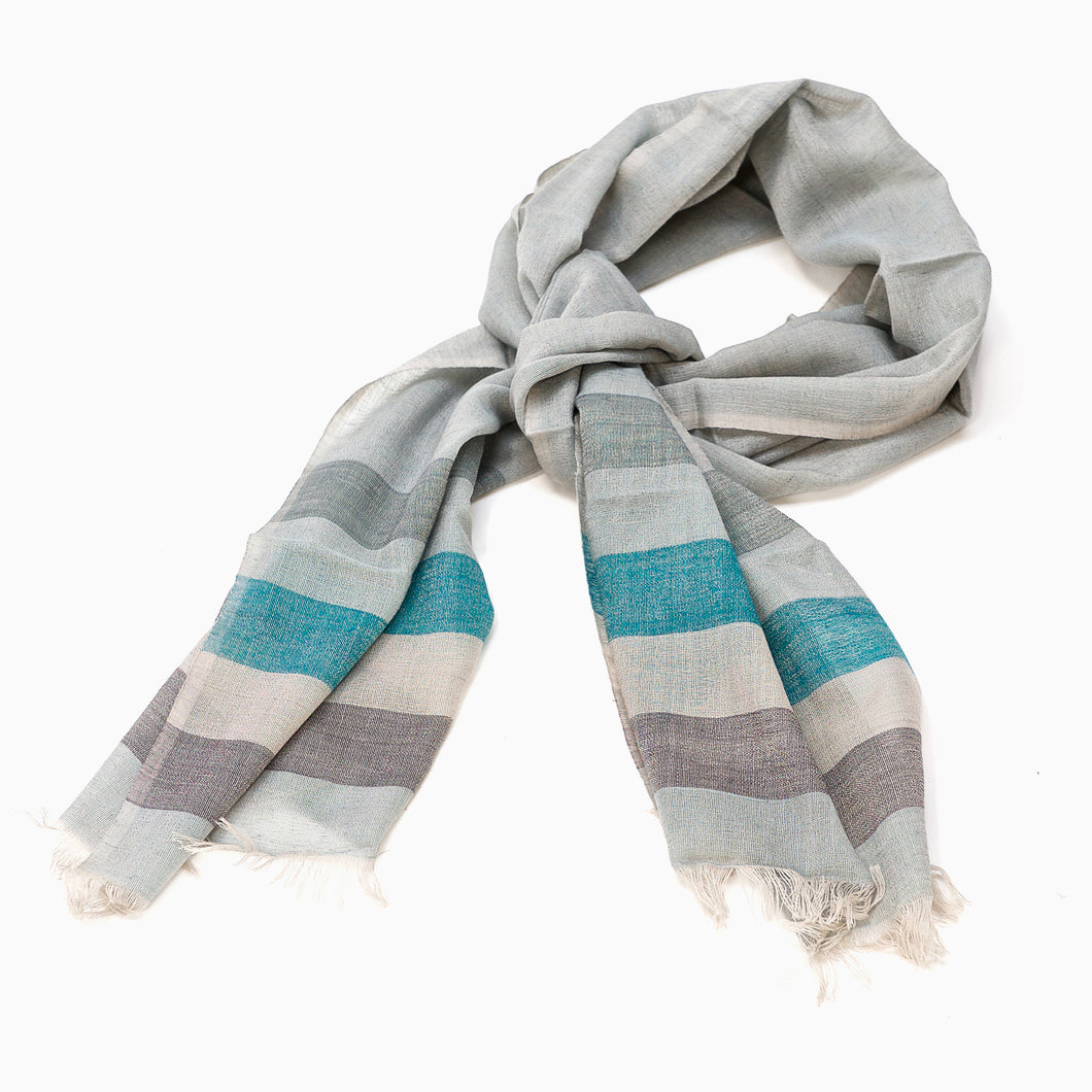 Grey, soft grey and teal wool scarf
