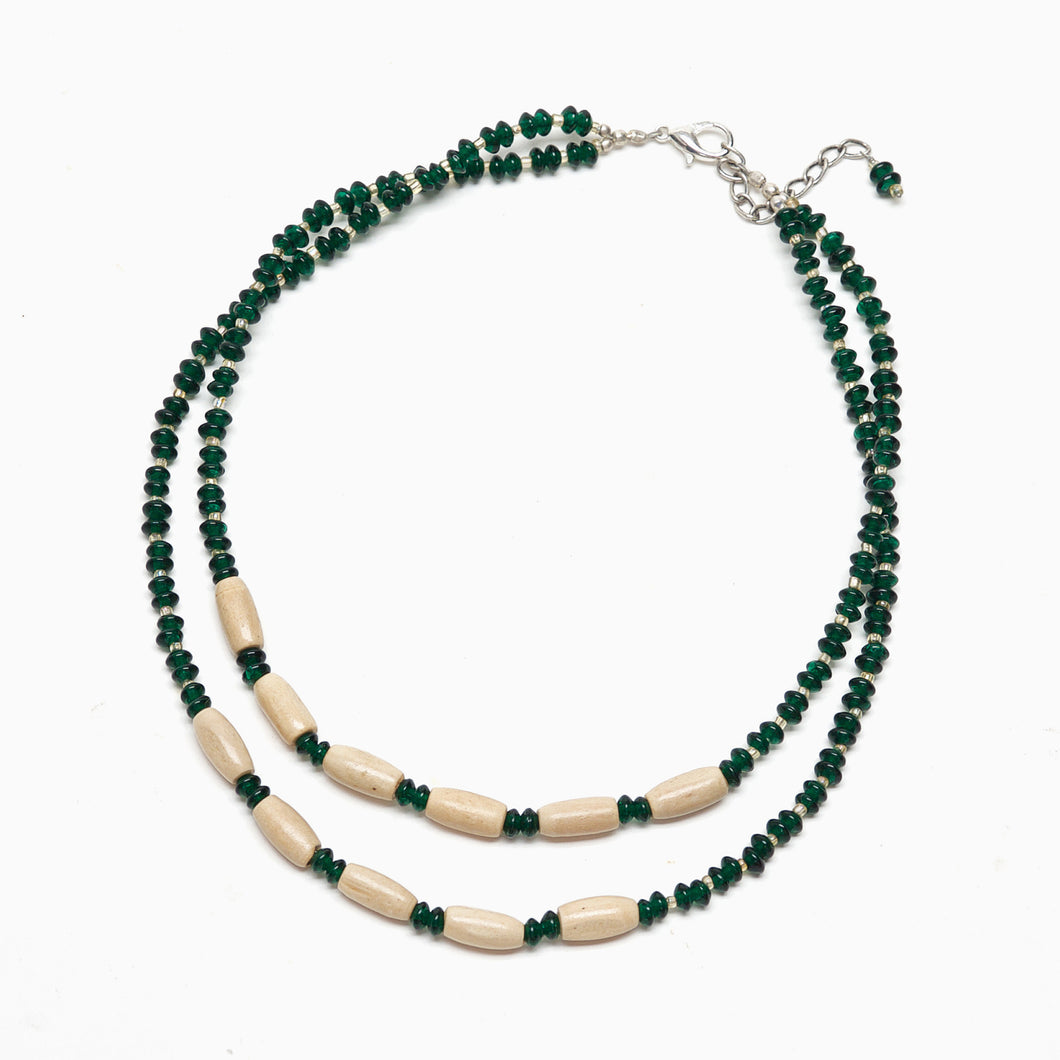 Necklace - green glass and wood beads
